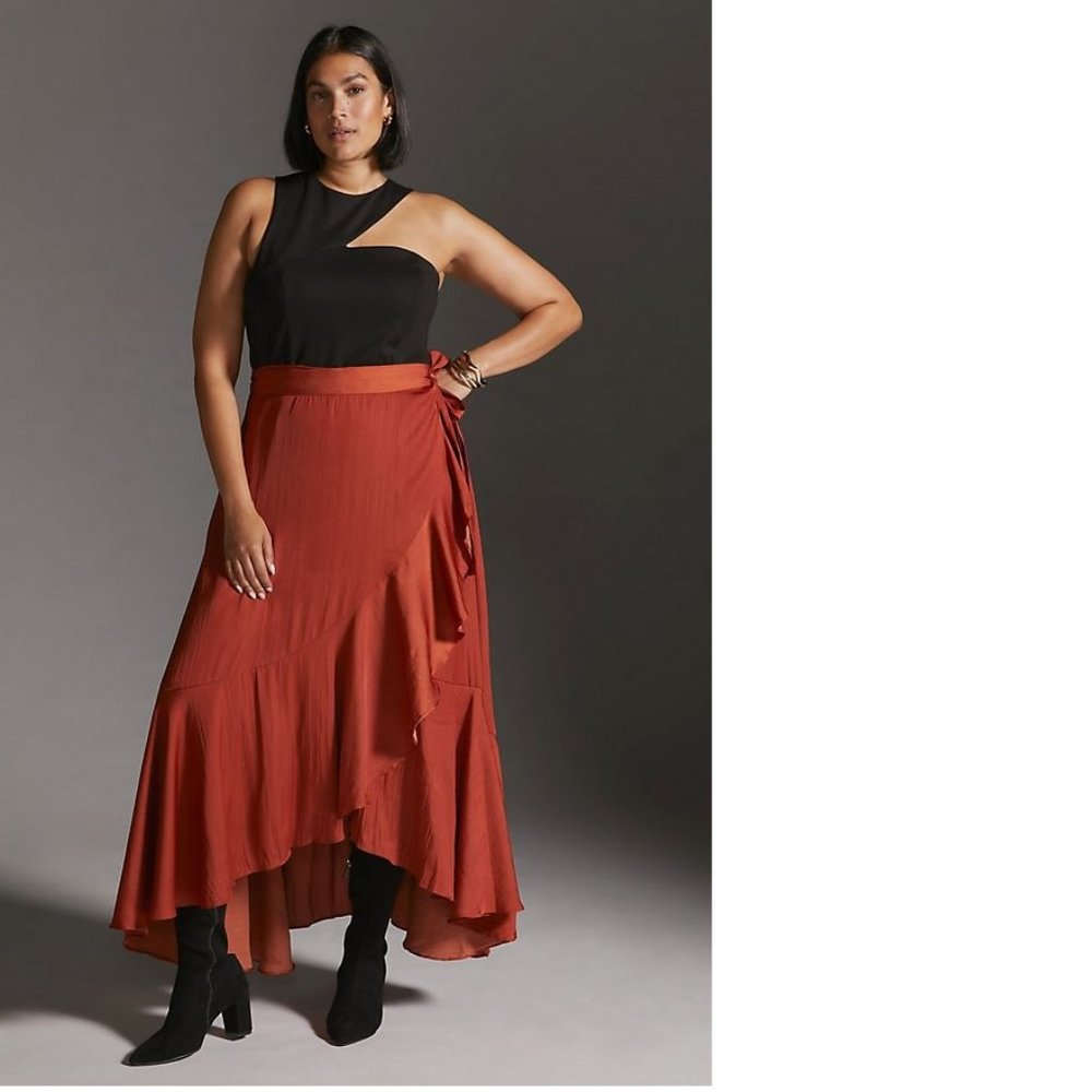 new Anthropologie Maeve Ruffled Wrap Maxi Skirt dark orange plus size
